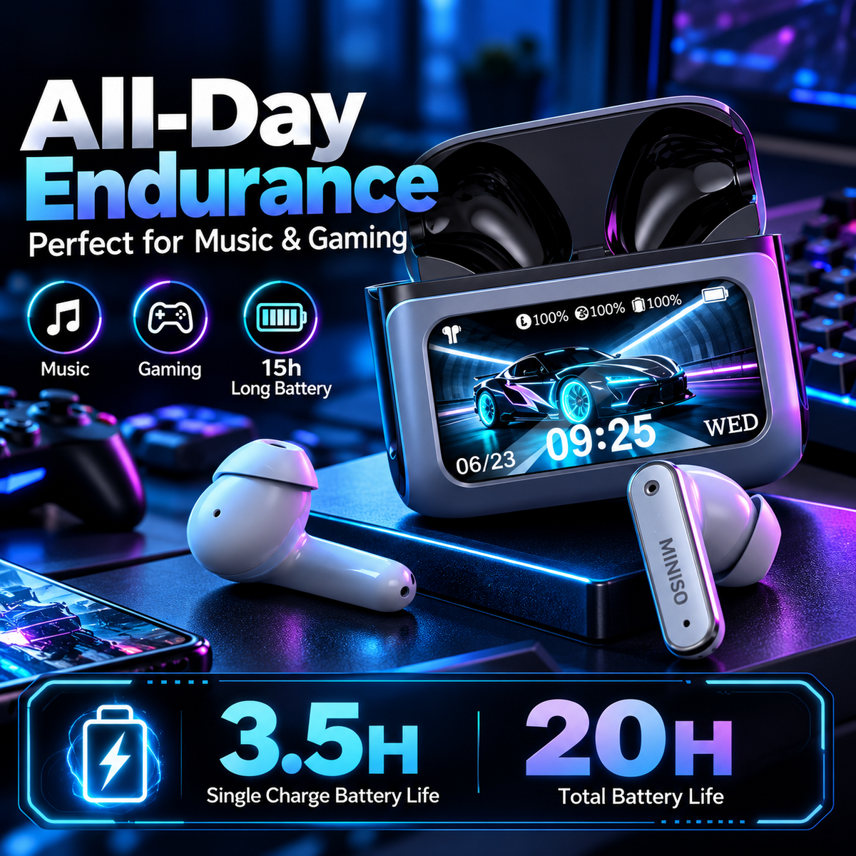 MS128 Smart Touchscreen Bluetooth 6.0 Earbuds – 15H Battery & Low-Latency Gaming