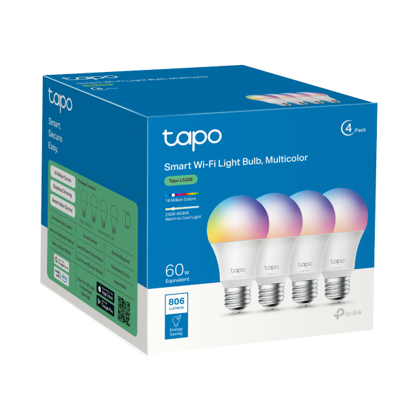 TP-Link Tapo L530E Smart Wi-Fi Multicolour LED Bulb (4-Pack) | E27 | 806 Lumens | Works with Alexa & Google Home