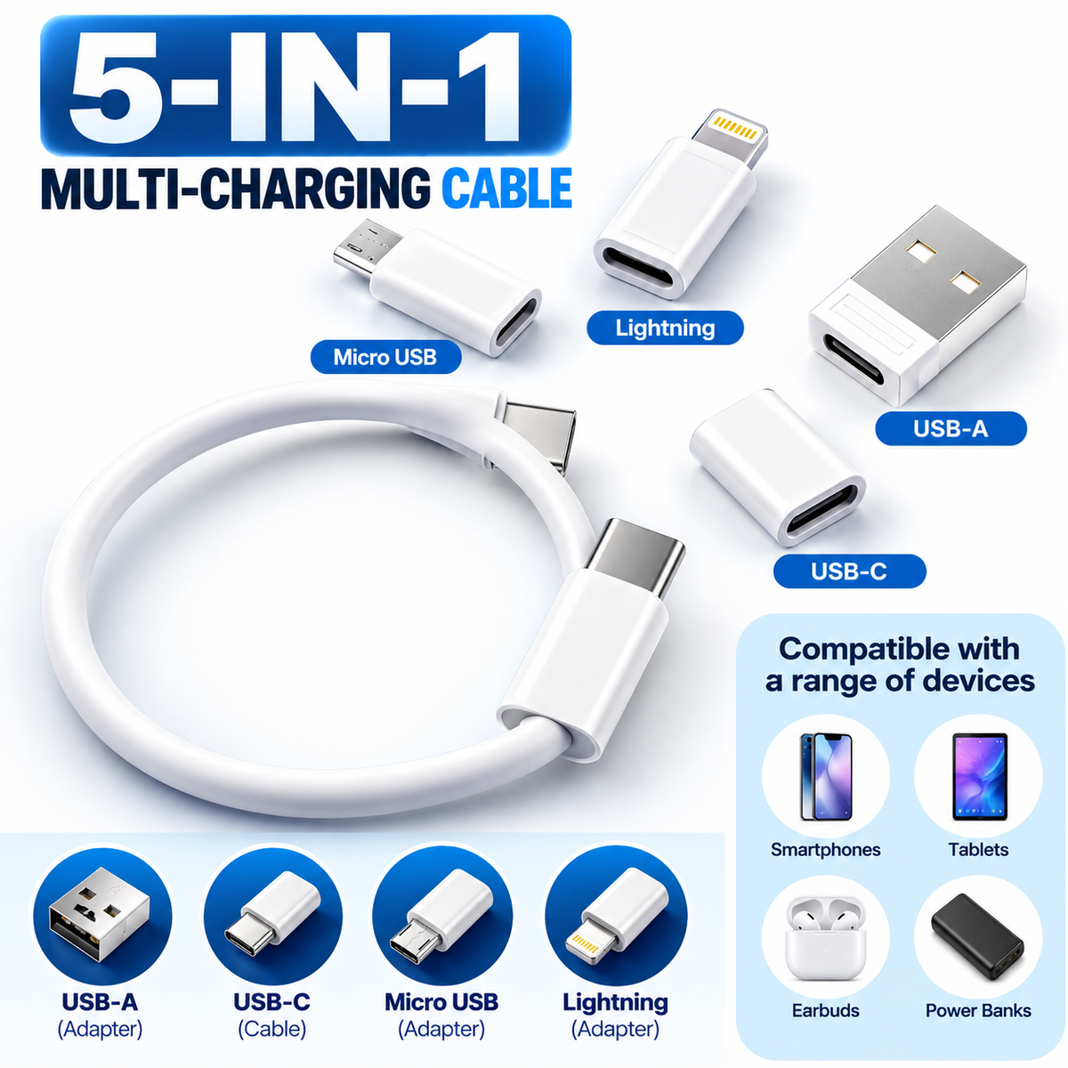 5-in-1 60W Fast Charging Cable Kit – USB-C, Lightning & Micro-USB Adapter Set with Storage Case