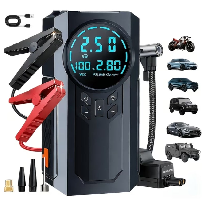 10-in-1 Car Emergency Jump Starter | 200 PSI Air Compressor & LED Flashlight