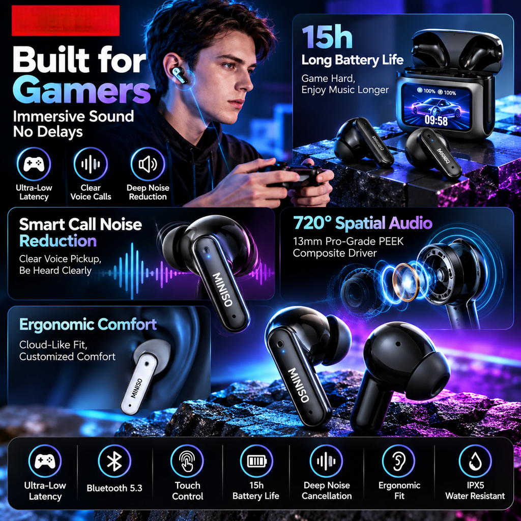 MS128 Smart Touchscreen Bluetooth 6.0 Earbuds – 15H Battery & Low-Latency Gaming