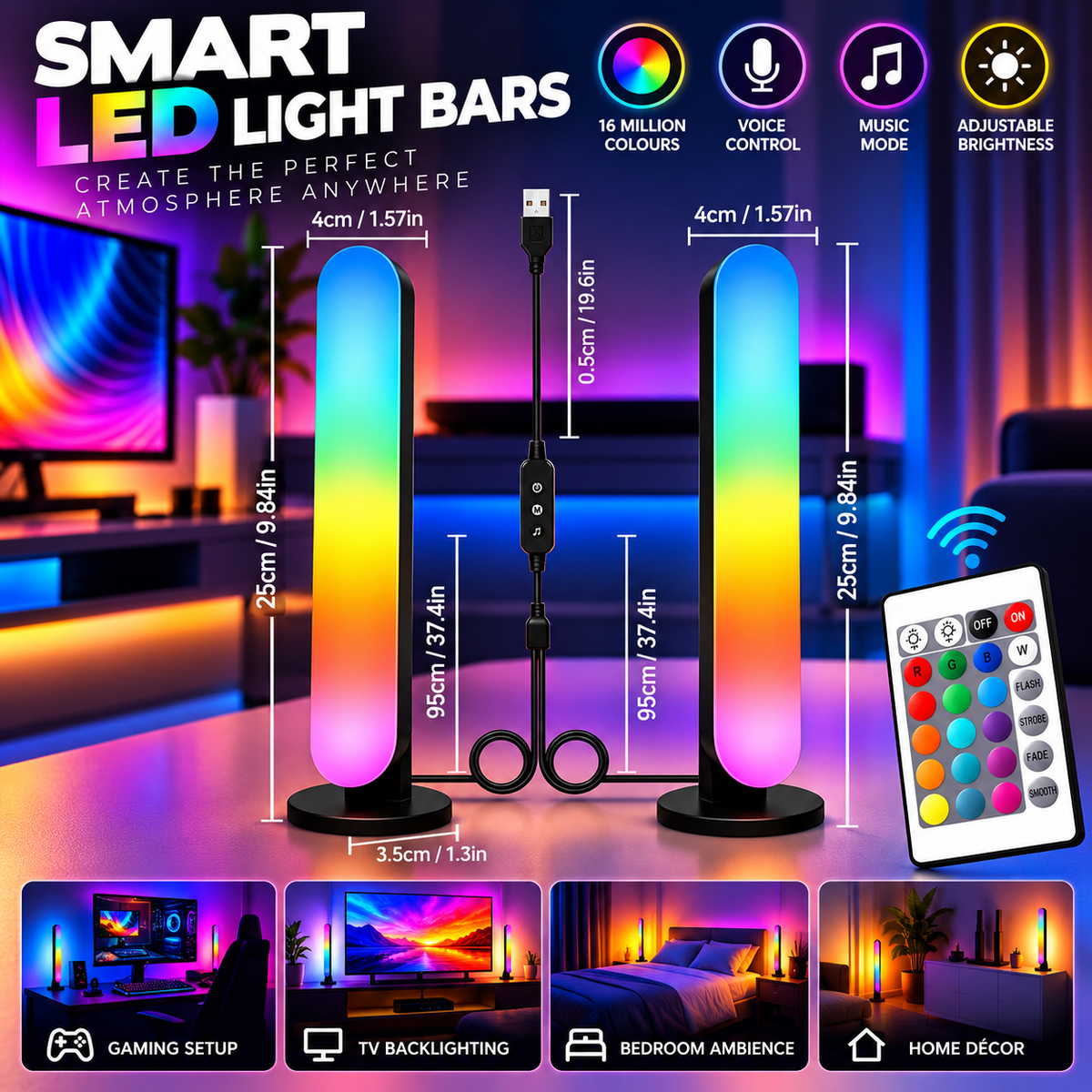 Smart RGB LED Light Bars – 2 Pack | Music Sync & Dynamic Modes