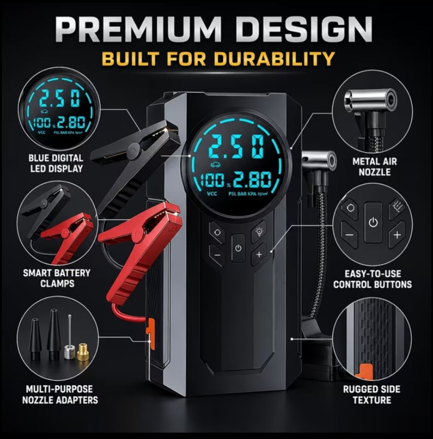10-in-1 Car Emergency Jump Starter | 200 PSI Air Compressor & LED Flashlight
