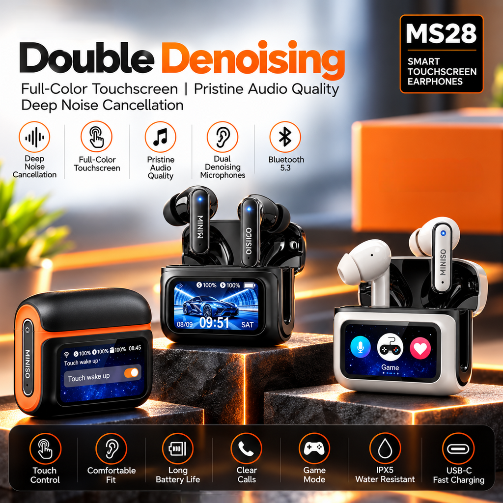 MS128 Smart Touchscreen Bluetooth 6.0 Earbuds – 15H Battery & Low-Latency Gaming