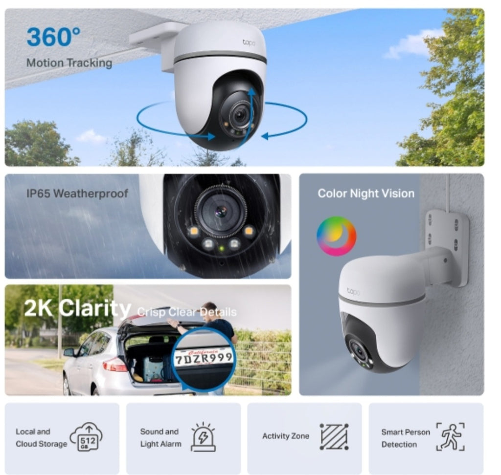 Tapo TC41 2K Outdoor Pan & Tilt Wi-Fi Security Camera with Color Night Vision & AI Detection