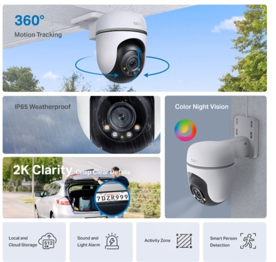 Tapo TC41 2K Outdoor Pan & Tilt Wi-Fi Security Camera with Color Night Vision & AI Detection