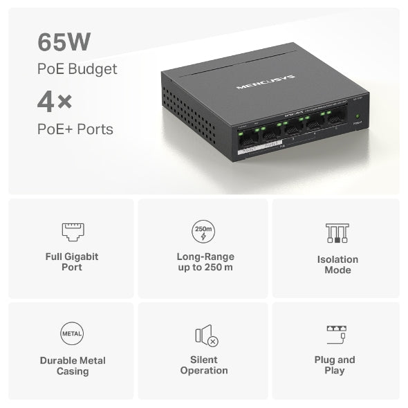 Mercusys MS105GP 5-Port Gigabit PoE+ Desktop Switch (65W) | 4 PoE+ Ports | Plug & Play