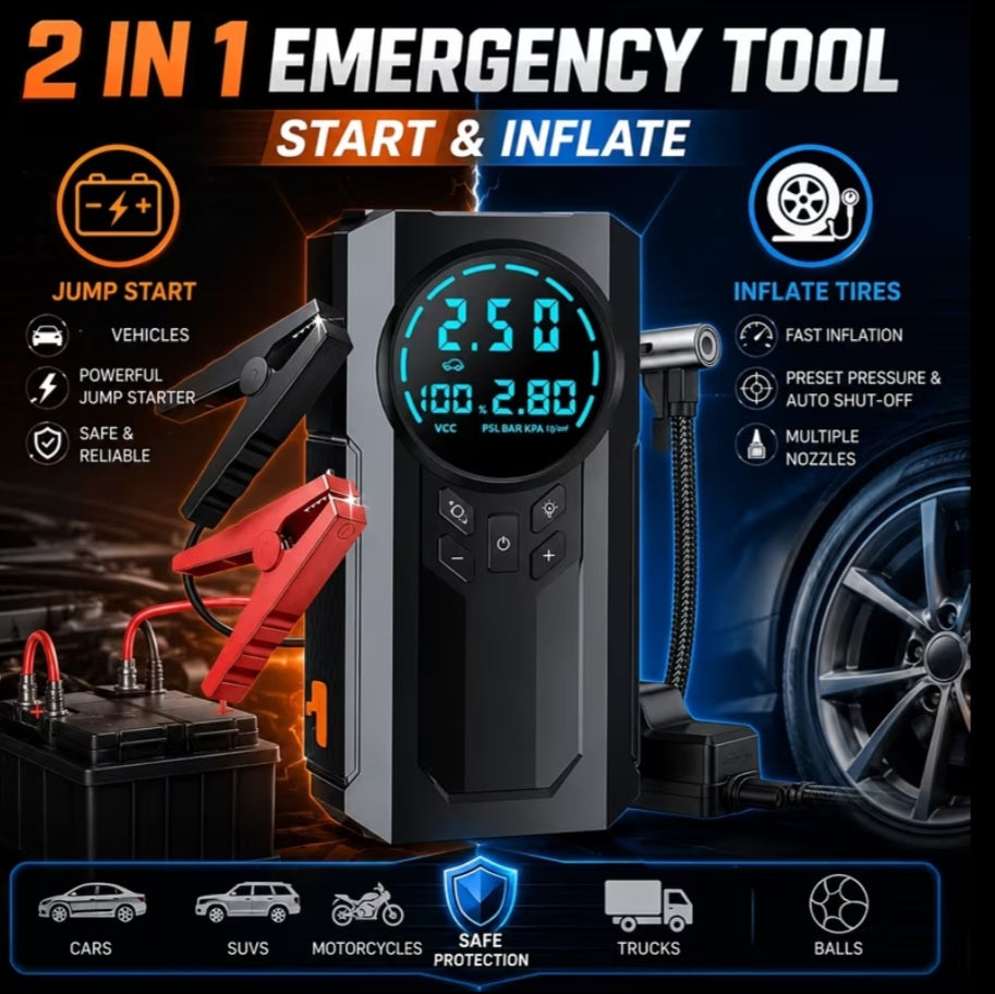 10-in-1 Car Emergency Jump Starter | 200 PSI Air Compressor & LED Flashlight