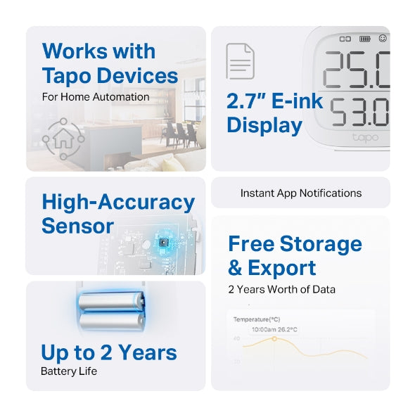 TP-Link Tapo T315 Smart Temperature & Humidity Monitor with 2.7" E-Ink Display | High Accuracy | Smart Home Automation