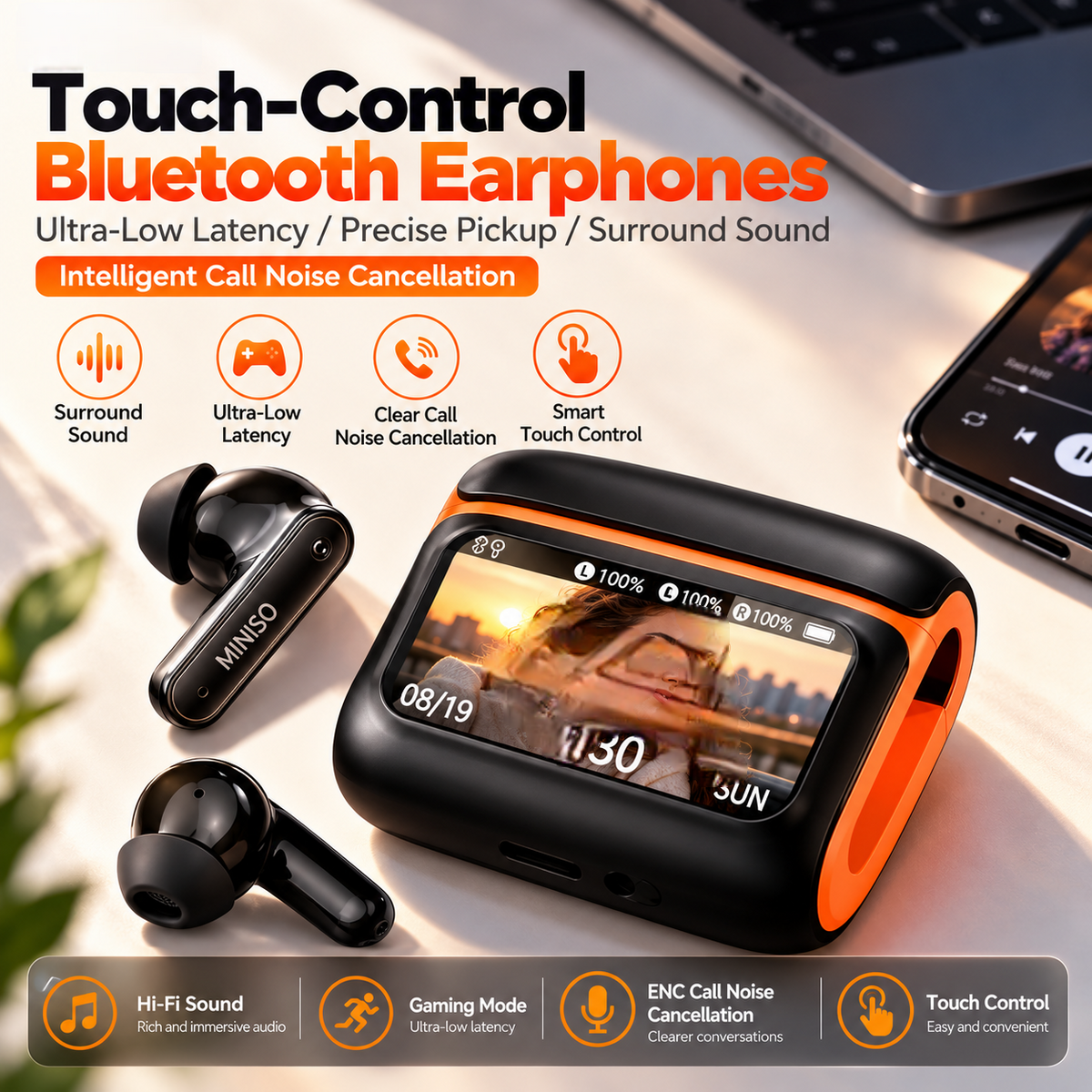 MS128 Smart Touchscreen Bluetooth 6.0 Earbuds – 15H Battery & Low-Latency Gaming