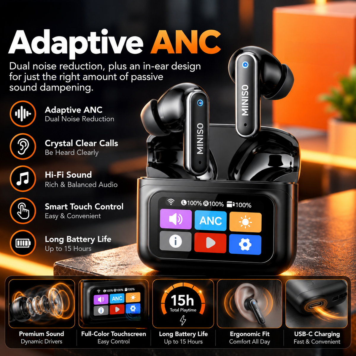 MS128 Smart Touchscreen Bluetooth 6.0 Earbuds – 15H Battery & Low-Latency Gaming