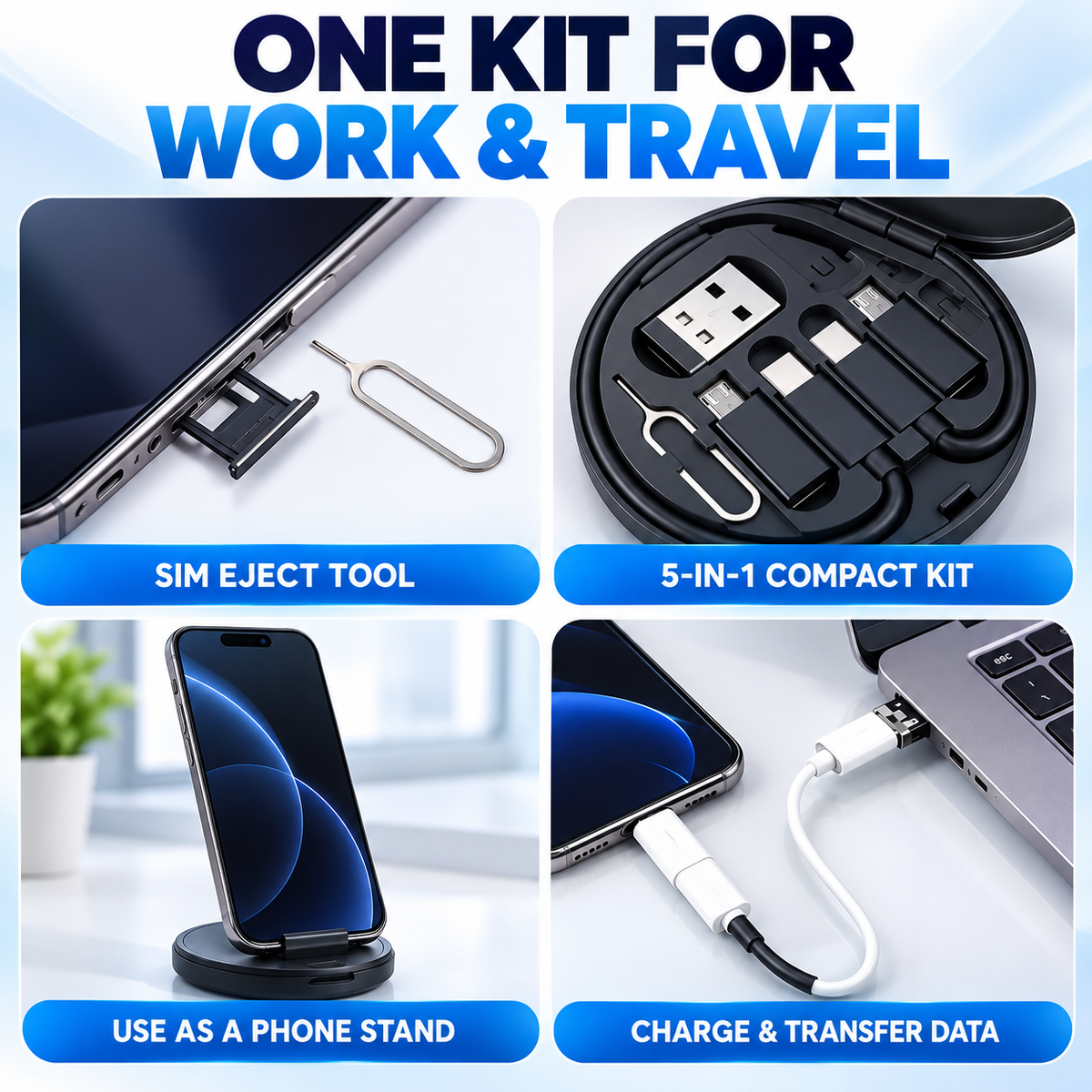 5-in-1 60W Fast Charging Cable Kit – USB-C, Lightning & Micro-USB Adapter Set with Storage Case