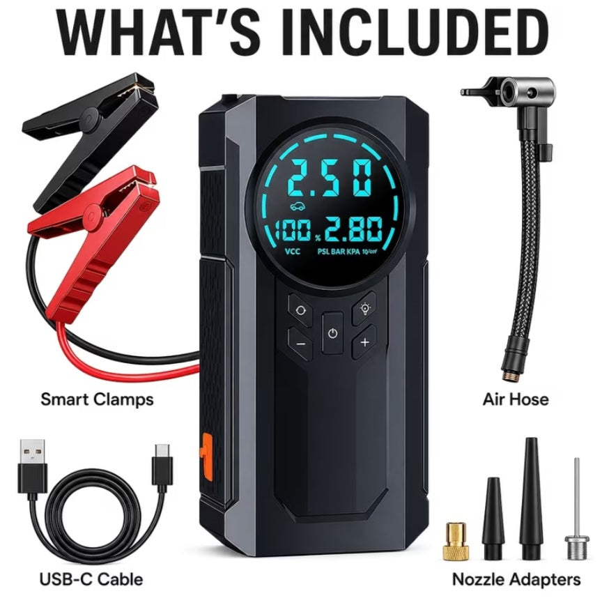 10-in-1 Car Emergency Jump Starter | 200 PSI Air Compressor & LED Flashlight