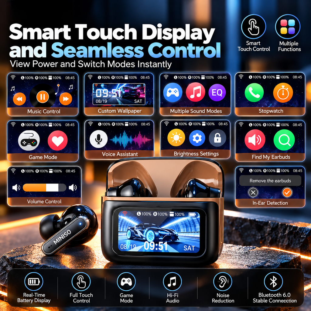 MS128 Smart Touchscreen Bluetooth 6.0 Earbuds – 15H Battery & Low-Latency Gaming