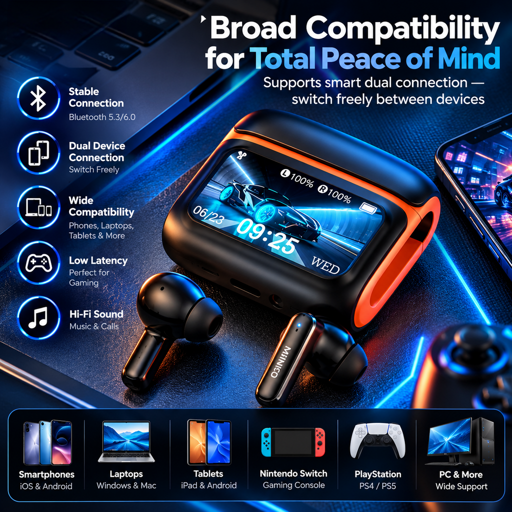 MS128 Smart Touchscreen Bluetooth 6.0 Earbuds – 15H Battery & Low-Latency Gaming