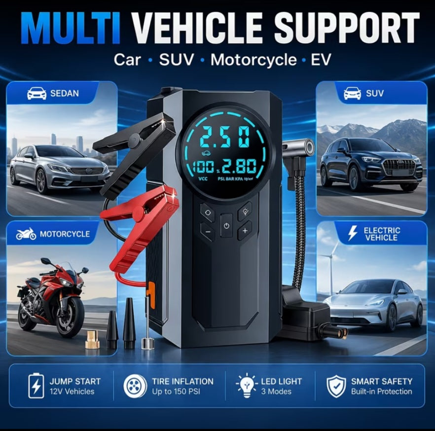 10-in-1 Car Emergency Jump Starter | 200 PSI Air Compressor & LED Flashlight