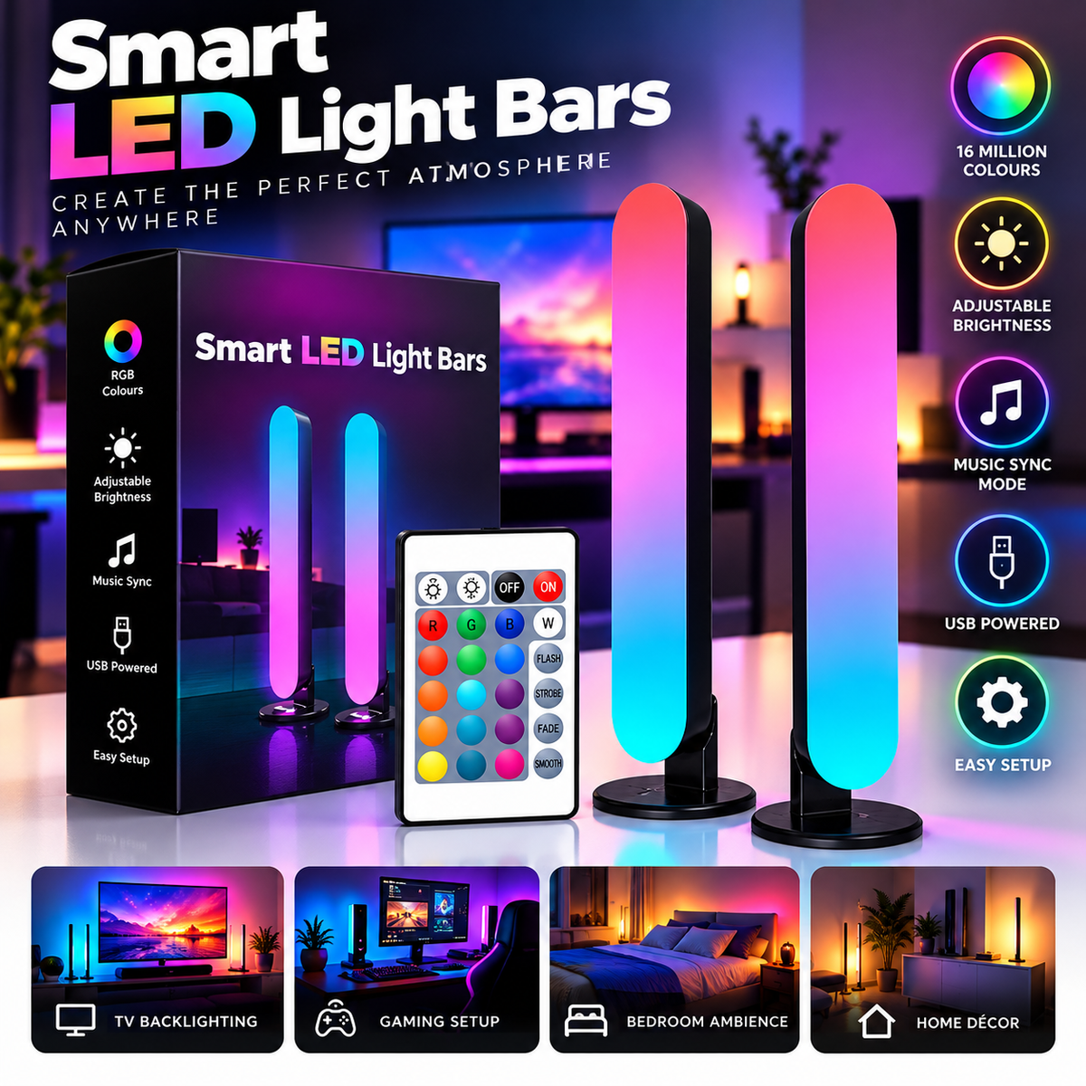Smart RGB LED Light Bars – 2 Pack | Music Sync & Dynamic Modes