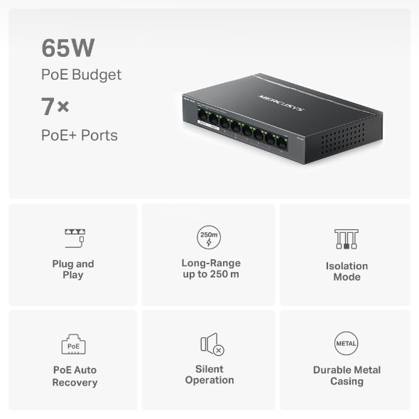 Mercusys MS108GP 8-Port Gigabit Desktop Switch with 7-Port PoE+ (65W) – Unmanaged Network Switch