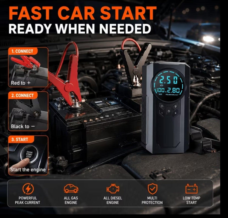 10-in-1 Car Emergency Jump Starter | 200 PSI Air Compressor & LED Flashlight