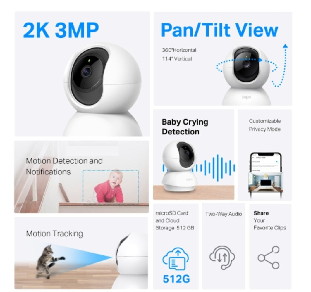 TP-Link Tapo TC71 2K 3MP Smart Pan & Tilt Indoor Wi-Fi Security Camera with Motion Tracking, Night Vision & Two-Way Audio