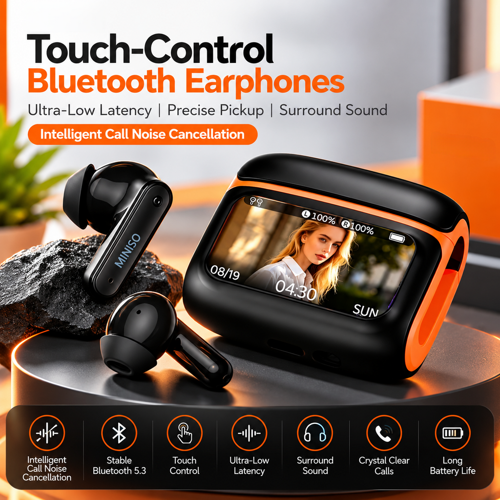 MS128 Smart Touchscreen Bluetooth 6.0 Earbuds – 15H Battery & Low-Latency Gaming