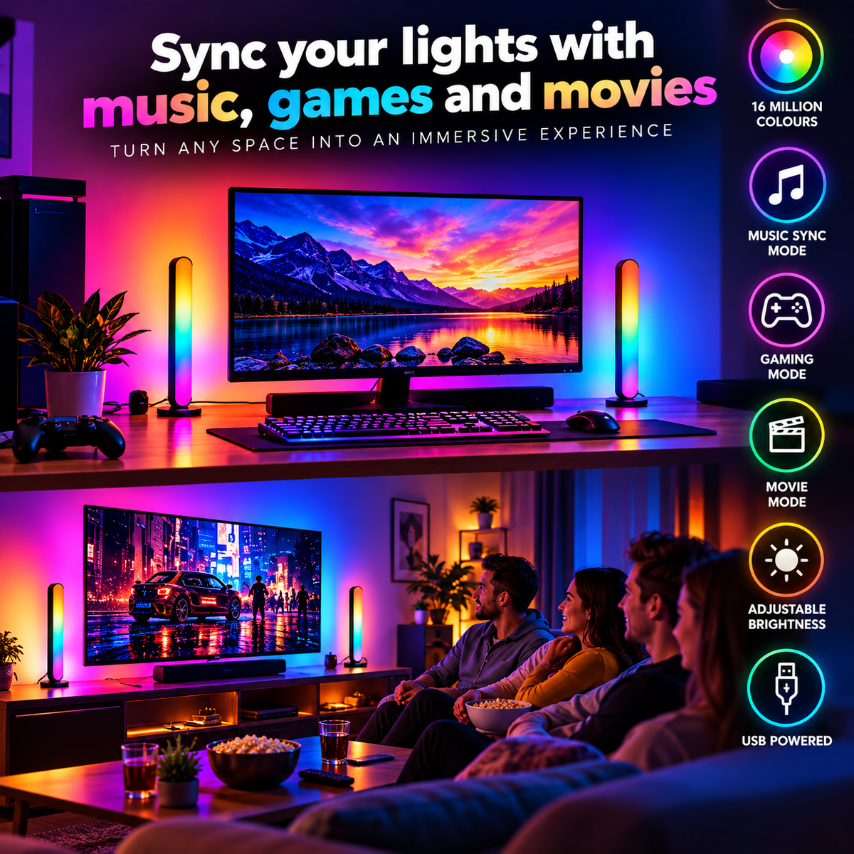 Smart RGB LED Light Bars – 2 Pack | Music Sync & Dynamic Modes