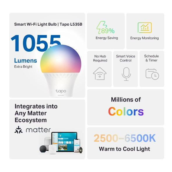TP-Link Tapo L535B Smart Wi-Fi Multicolour LED Bulb (B22) – Matter, 1055 Lumens, Voice Control